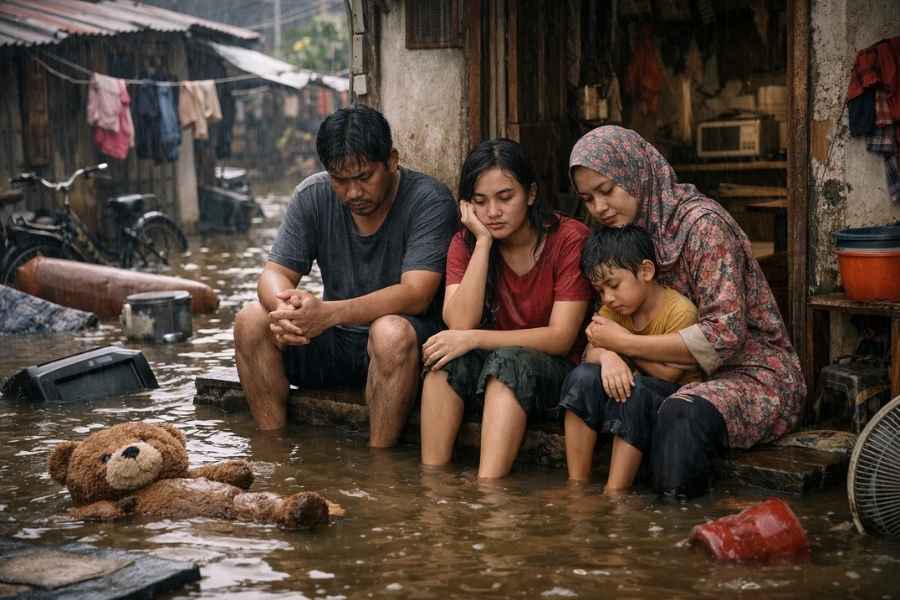 Banjir Tak Hanya Merendam Rumah, Tapi Juga Mengganggu Kesehatan Mental Banjir dapat membawa sejumlah masalah kesehatan mental. Ilustrasi keluarga yang menjadi korban banjir. (Foto:Tutur/Ilustrasi AI)