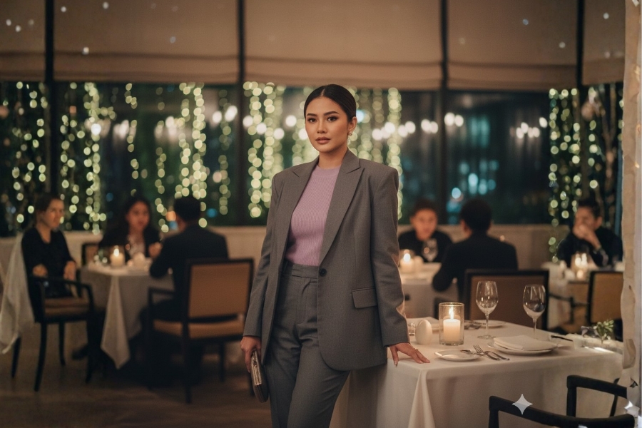 Kombinasi gaya maskulin dengan sentuhan lilac (Foto:Tutur/AI)