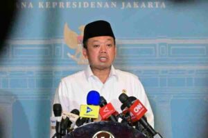 Menteri Agraria dan Tata Ruang/Kepala Badan Pertanahan Nasional (ATR/BPN) Nusron Wahid di Istana Merdeka, Rabu (28/1/2026), menjelaskan pengendalian konversi lahan sawah nasional setelah dipanggil Presiden. (Foto:Tutur/BPMI Setpres)