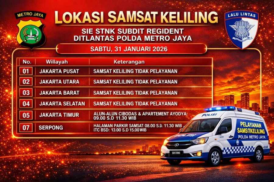 Informasi Samsat Keliling Polda Metro Jaya Sabtu, 31 Januari 2026 ( Foto: Tutur/AI)