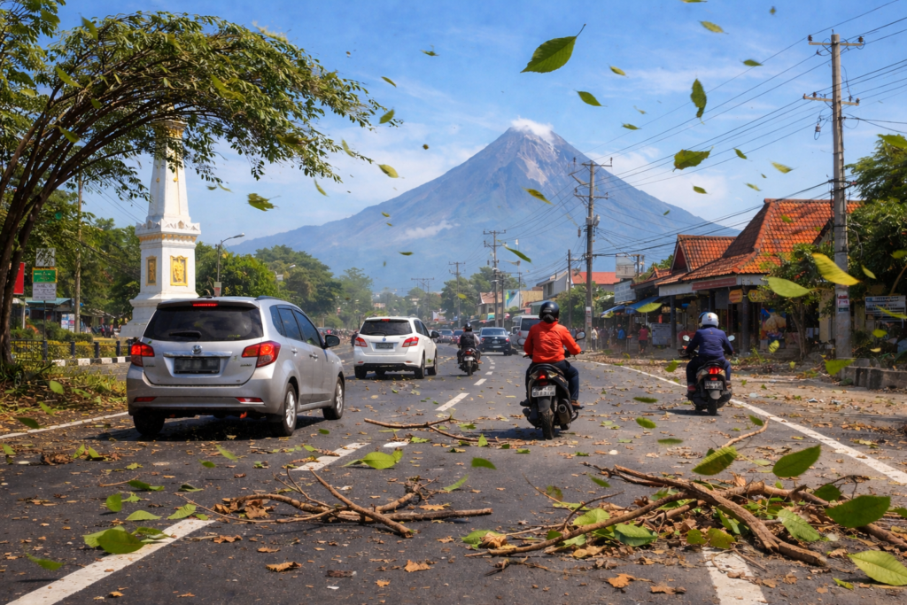 Meski Cerah, Angin Kencang Landa Area Sleman Yogyakarta Ilustrasi angin kencang di Yogyakarta (Foto: Tutur/AI)