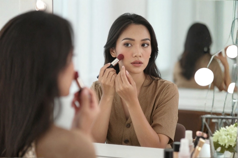 Kenapa Kulit Terlihat Lebih Kusam Saat Puasa? Perempuan berdandan di depan cermin (Foto: Tutur/AI)