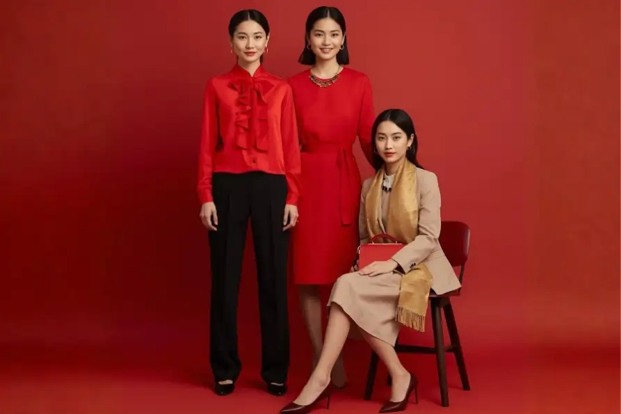 Inspirasi Padu Padan Outfit Imlek: Merah–Emas yang Tetap Relevan untuk Sehari-hari Padu padan outfit inspirasi perayaan Imlek (Foto: Tutur/AI)