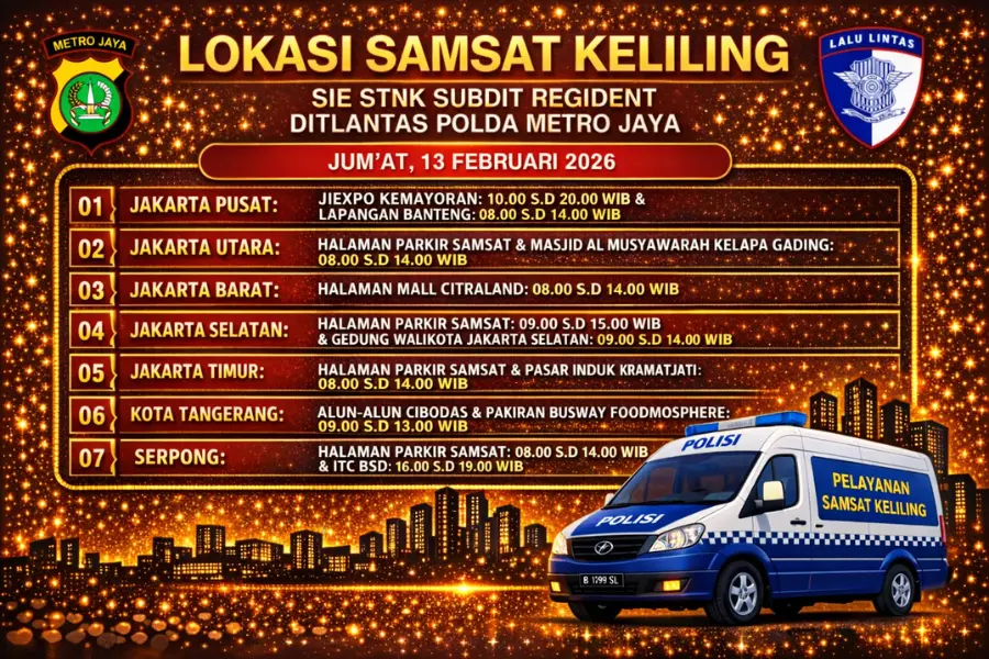Informasi Samsat Keliling Polda Metro Jaya Jumat, 13 Februari 2026 ( Foto: Tutur/AI)