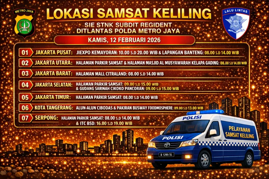 Informasi Samsat Keliling Polda Metro Jaya Kamis, 12 Februari 2026 ( Foto: Tutur/AI)