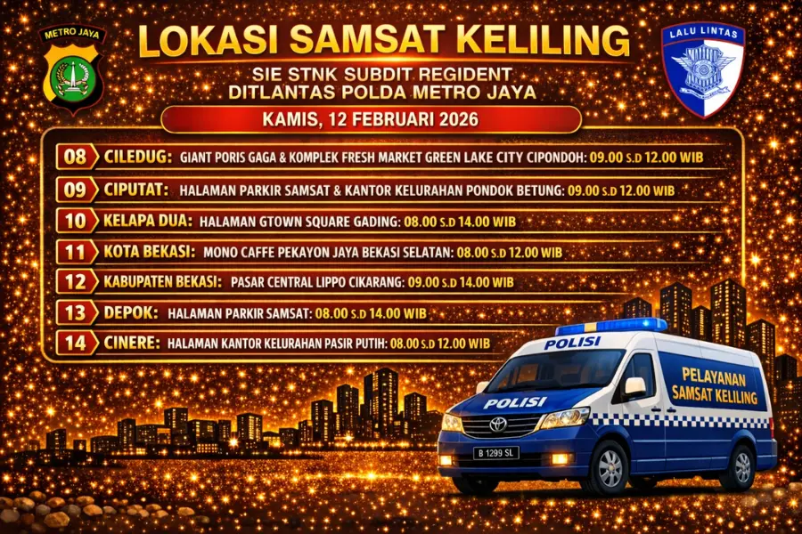 Informasi Samsat Keliling Polda Metro Jaya Kamis, 12 Februari 2026 ( Foto: Tutur/AI)