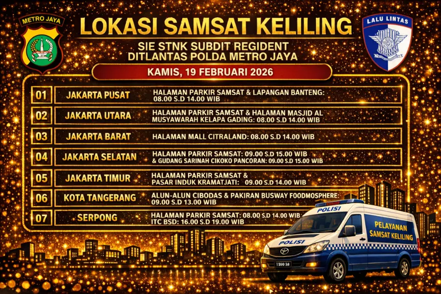 Informasi Samsat Keliling Polda Metro Jaya Kamis, 19 Februari 2026 ( Foto: Tutur/AI)