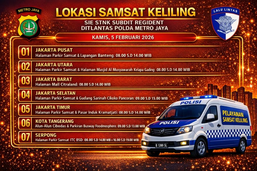 Informasi Samsat Keliling Polda Metro Jaya Kamis, 5 Februari 2026 ( Foto: Tutur/AI)