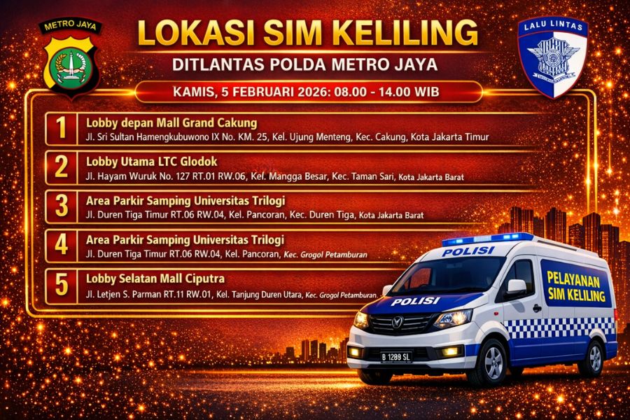 Layanan SIM Keliling 5 Februari 2026 Informasi SIM Keliling Polda Metro Jaya Kamis, 5 Februari 2026 ( Foto: Tutur/AI)