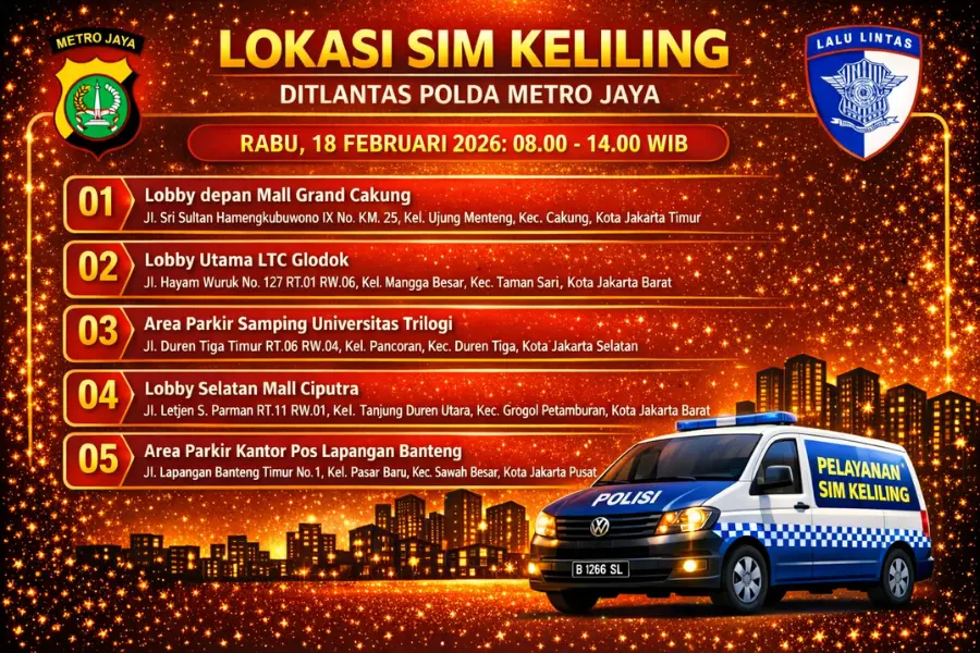 Lokasi Layanan SIM Keliling 18 Februari 2026 Informasi SIM Keliling Polda Metro Jaya Rabu, 18 Februari 2026 ( Foto: Tutur/AI)