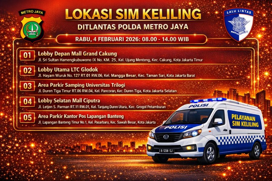 Lima Lokasi Layanan SIM Keliling 4 Februari 2026 Informasi SIM Keliling Polda Metro Jaya Rabu, 4 Februari 2026 ( Foto: Tutur/AI)