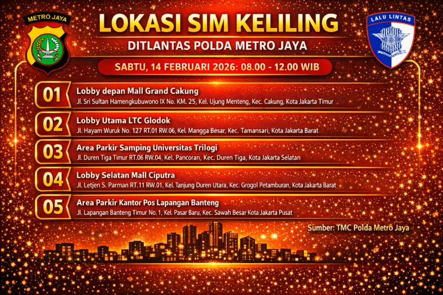 Lokasi Layanan SIM Keliling Akhir Pekan 14 Februari 2026 Informasi SIM Keliling Polda Metro Jaya Sabtu, 14 Februari 2026 ( Foto: Tutur/AI)