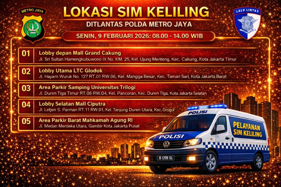 Layanan SIM Keliling 9 Februari 2026 Informasi SIM Keliling Polda Metro Jaya Senin, 9 Februari 2026 ( Foto: Tutur/AI)