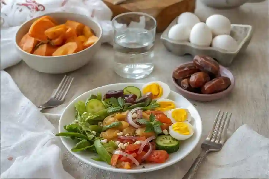 Menu Buka Puasa di 10 Hari Kedua: Saatnya Lebih Seimbang, Tidak Hanya Manis Menu puasa sehat (Foto: Tutur/Ilustrasi AI)