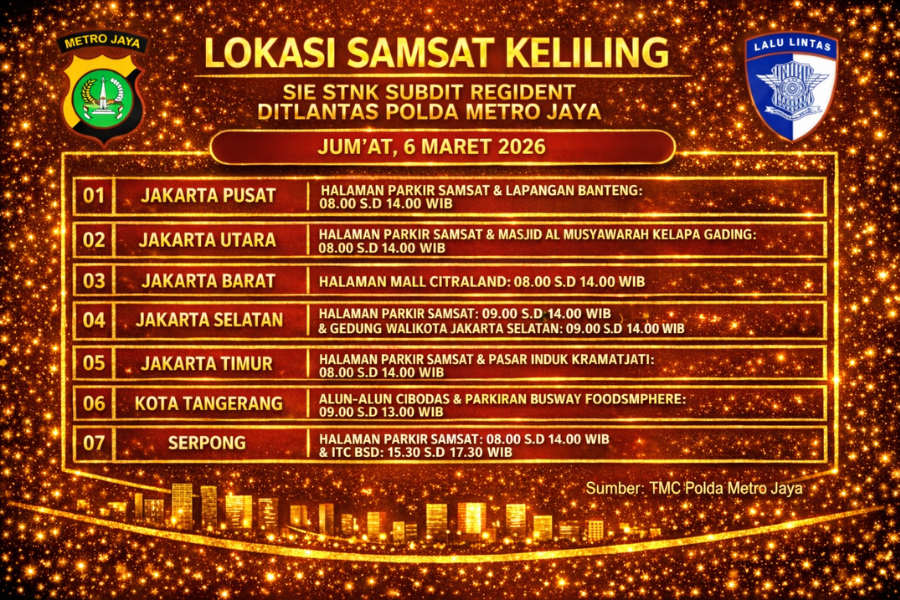 Informasi Samsat Keliling Polda Metro Jaya Jumat, 6 Maret 2026 ( Foto: Tutur/AI)Informasi Samsat Keliling Polda Metro Jaya Jumat, 27 Februari 2026 ( Foto: Tutur/AI)