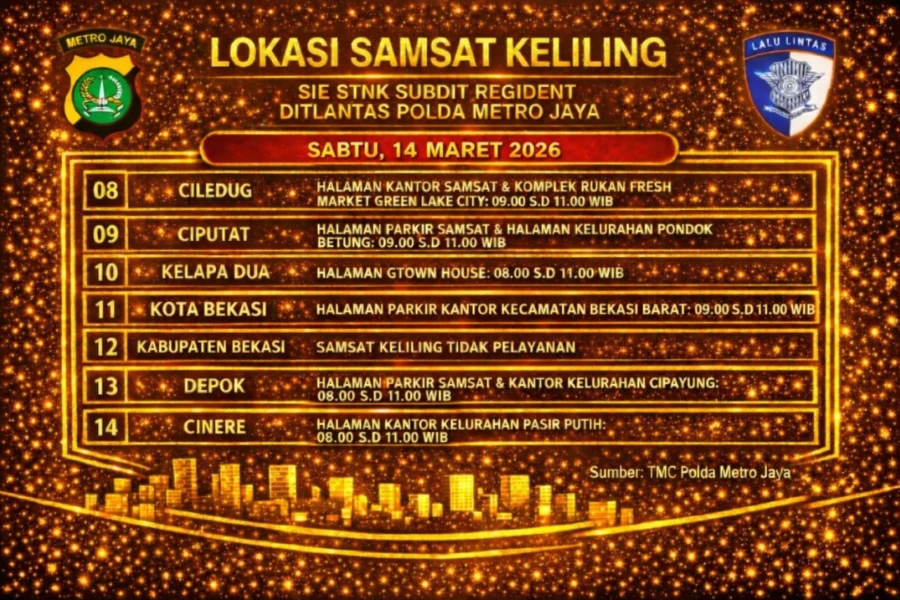 Informasi Samsat Keliling Polda Metro Jaya Sabtu, 14 Maret 2026 ( Foto: Tutur/Ilustrasi AI)