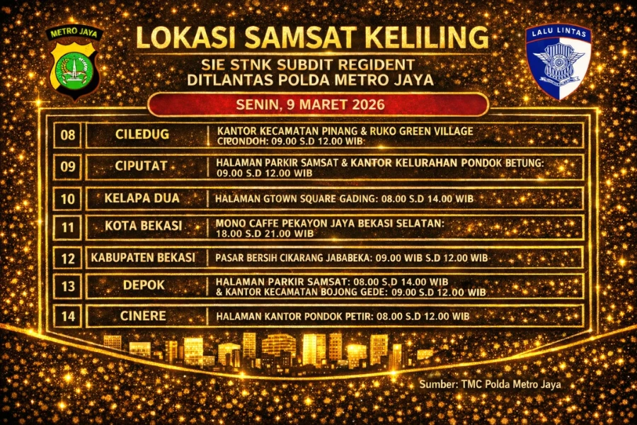 Informasi Samsat Keliling Polda Metro Jaya Senin, 9 Maret 2026 ( Foto: Tutur/Ilustrasi AI)