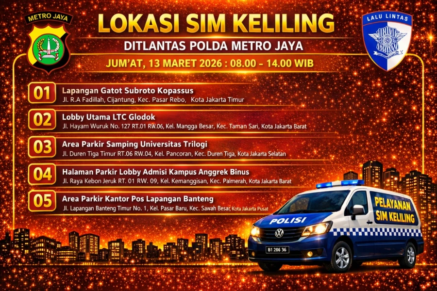 Lokasi Layanan SIM Keliling 13 Maret 2026 Informasi SIM Keliling Polda Metro Jaya Jumat, 13 Maret 2026 ( Foto: Tutur/Ilustrasi AI)