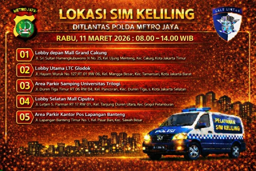 Lokasi Layanan SIM Keliling 11 Maret 2026 Informasi SIM Keliling Polda Metro Jaya Rabu, 11 Maret 2026 ( Foto: Tutur/Ilustrasi AI)