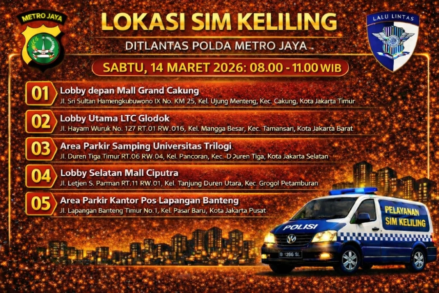 Lokasi Layanan SIM Keliling 14 Maret 2026 Akhir Pekan Informasi SIM Keliling Polda Metro Jaya Sabtu, 14 Maret 2026 ( Foto: Tutur/Ilustrasi AI)