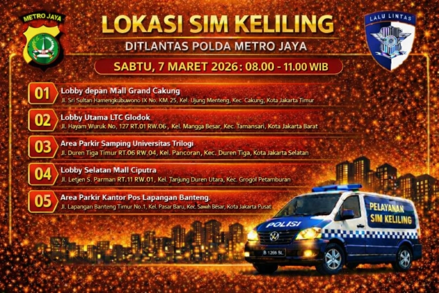 Lokasi Layanan SIM Keliling Akhir Pekan 7 Maret 2026 Informasi SIM Keliling Polda Metro Jaya Sabtu, 7 Maret 2026 ( Foto: Tutur/Ilustrasi AI)