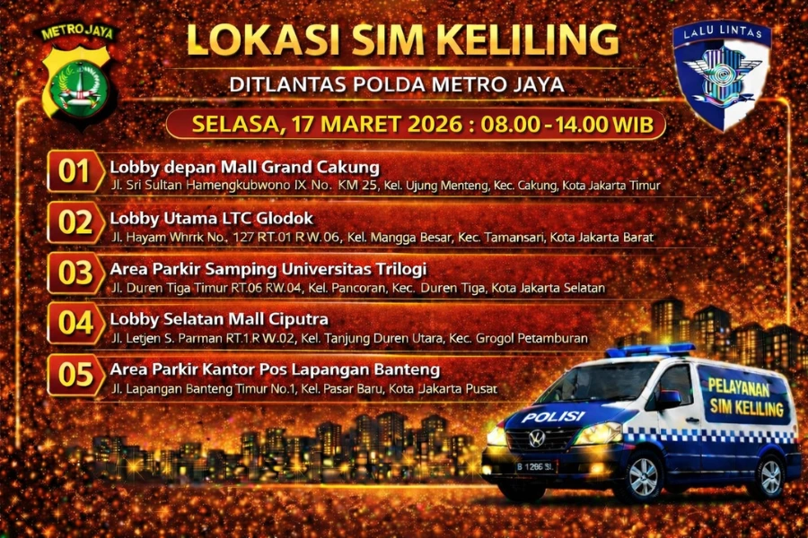 Lokasi Layanan SIM Keliling 17 Maret 2026 Informasi SIM Keliling Polda Metro Jaya Selasa, 17 Maret 2026 ( Foto: Tutur/Ilustrasi AI)