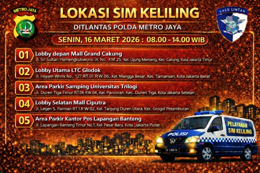 Lokasi Layanan SIM Keliling 16 Maret 2026 Informasi SIM Keliling Polda Metro Jaya Senin, 16 Maret 2026 ( Foto: Tutur/Ilustrasi AI)
