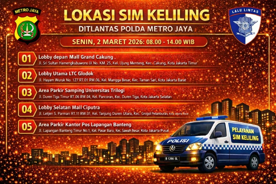 Lokasi Layanan SIM Keliling Jakarta 2 Maret 2026 Informasi SIM Keliling Polda Metro Jaya Senin, 2 Maret 2026 ( Foto: Tutur/AI)