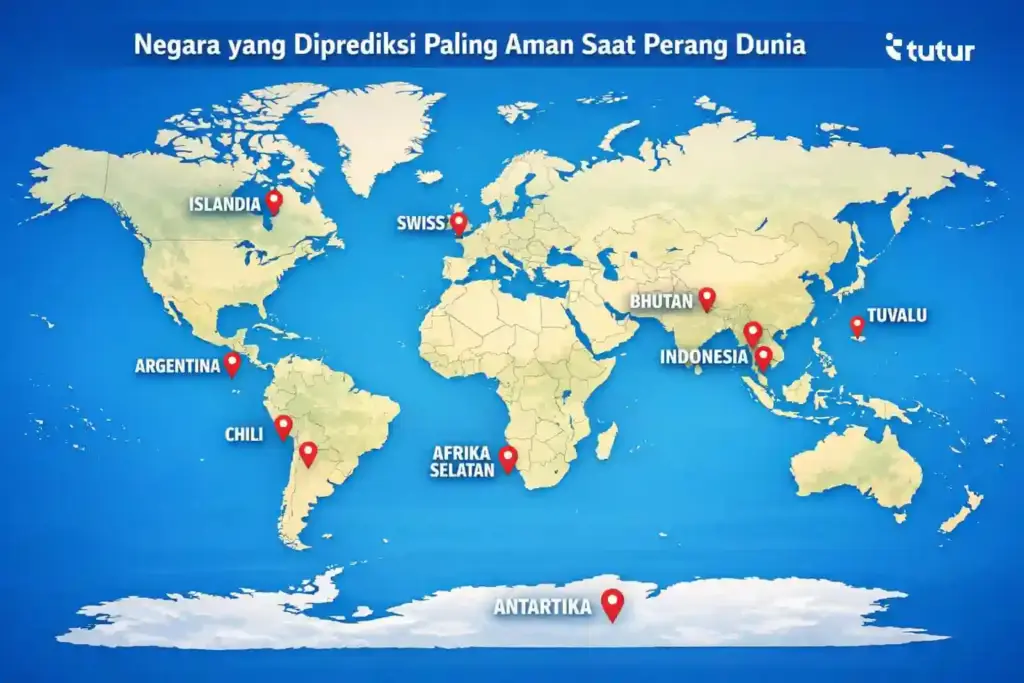 Kalau Perang Dunia III Terjadi, Indonesia Masuk Daftar Negara yang Paling Aman? Negara yang diprediksi aman saat perang dunia III (Foto: Tutur/Ilustrasi AI)