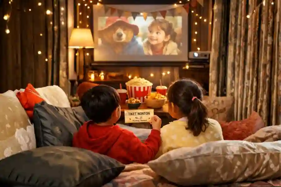 Bioskop Rumah: Cara Sederhana Bikin Liburan Anak Tetap Berkesan Bioskop rumahan (Foto: Tutur/Ilustrasi AI)