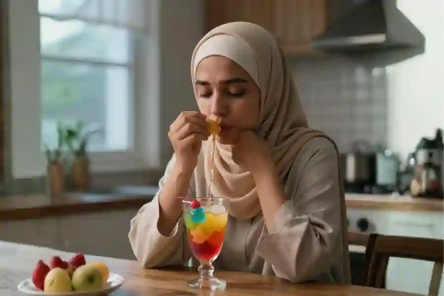 Kenapa Perlu Menghindari Lonjakan Gula Saat Berbuka Puasa? Berbuka puasa dengan sajian manis (Foto: Tutur/Ilustrasi AI)