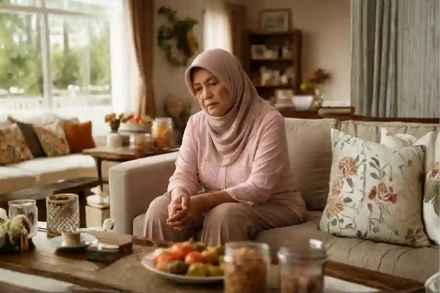 Cara Mendampingi Orang Tua Lansia dengan Sabar, Sadar dan Sehat Mental Post eid blues yang dirasakan lansia (Foto: Tutur/Ilustrasi AI)