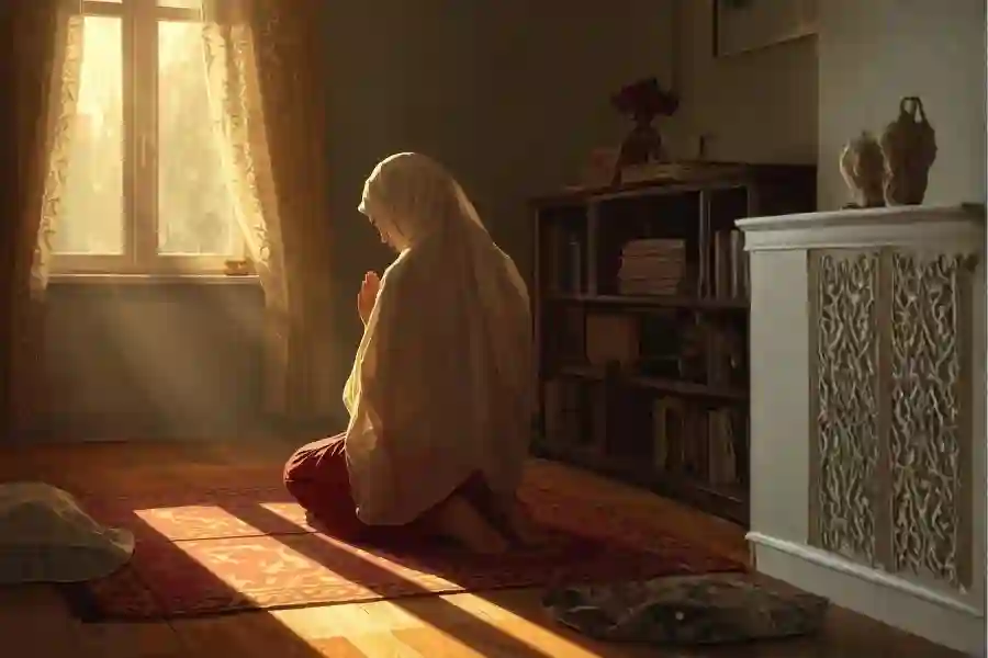 10 Hari Kedua Ramadan: Fase Maghfirah dan Memaafkan Diri Sendiri Perempuan berdoa di bulan Ramadan (Foto: Tutur/ Ilustrasi AI)