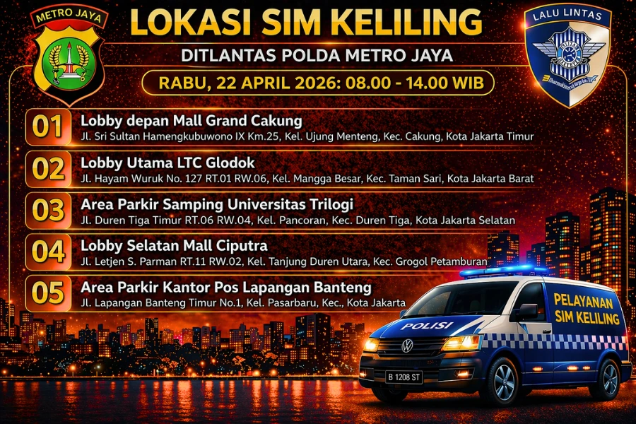 Lokasi Layanan SIM Keliling 22 April 2026 Informasi SIM Keliling Polda Metro Jaya Rabu, 22 April 2026 ( Foto: Tutur/Ilustrasi AI)