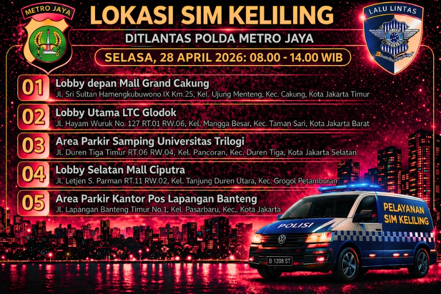 Lokasi Layanan SIM Keliling 28 April 2026 Informasi SIM Keliling Polda Metro Jaya Selasa, 28 April 2026 ( Foto: Tutur/Ilustrasi AI)