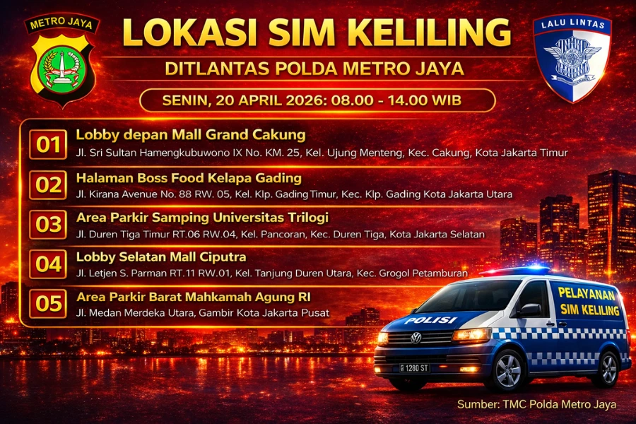 Lokasi Layanan SIM Keliling 20 April 2026 Informasi SIM Keliling Polda Metro Jaya Senin, 20 April 2026 ( Foto: Tutur/Ilustrasi AI)