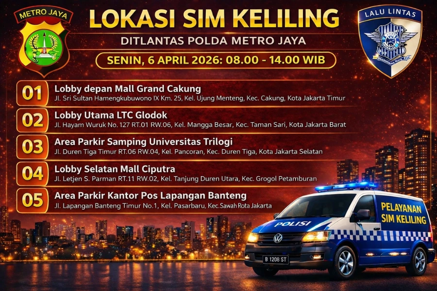 Lokasi Layanan SIM Keliling 6 April 2026 Informasi SIM Keliling Polda Metro Jaya Senin, 6 April 2026 ( Foto: Tutur/Ilustrasi AI)