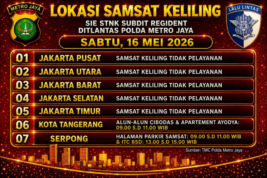 Informasi Samsat Keliling Polda Metro Jaya Sabtu, 16 Mei 2026 ( Foto: Tutur/Ilustrasi AI)