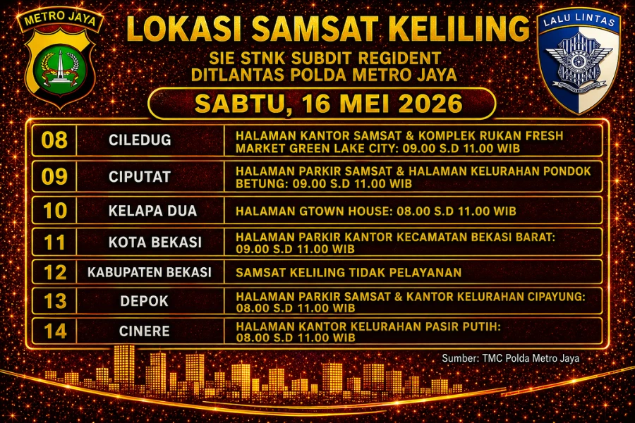 Informasi Samsat Keliling Polda Metro Jaya Sabtu, 16 Mei 2026 ( Foto: Tutur/Ilustrasi AI)