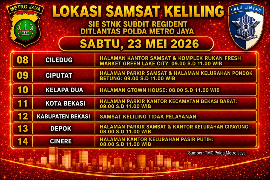 Informasi Samsat Keliling Polda Metro Jaya Sabtu, 23 Mei 2026 ( Foto: Tutur/Ilustrasi AI)