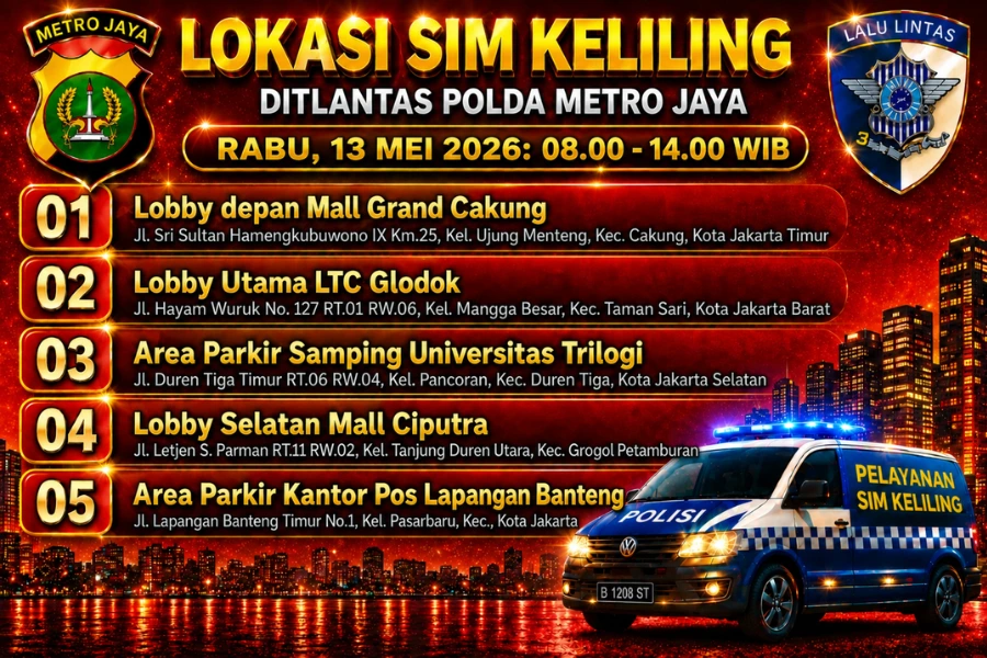 Lokasi Layanan SIM Keliling 13 Mei 2026 Informasi SIM Keliling Polda Metro Jaya Rabu, 13 Mei 2026( Foto: Tutur/Ilustrasi AI)