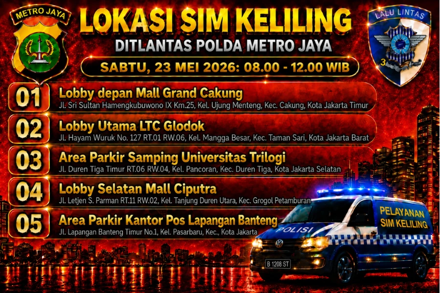 Lokasi Layanan SIM Keliling Akhir Pekan 23 Mei 2026 Informasi SIM Keliling Polda Metro Jaya Sabtu, 23 Mei 2026 ( Foto: Tutur/Ilustrasi AI)