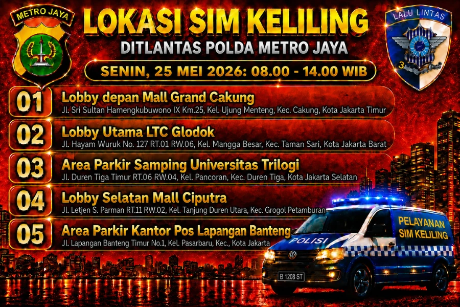 Lokasi Layanan SIM Keliling 25 Mei 2026 Informasi SIM Keliling Polda Metro Jaya Senin, 25 Mei 2026 ( Foto: Tutur/Ilustrasi AI)