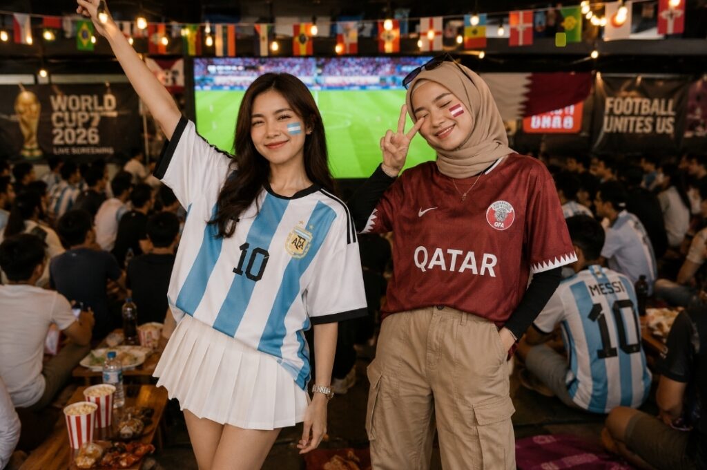 5 Ide Outfit Keren untuk Nobar Piala Dunia 2026, Nyaman dan Tetap Stylish Outfit Nobar Piala Dunia (Foto: Tutur/ Ilustrasi AI)
