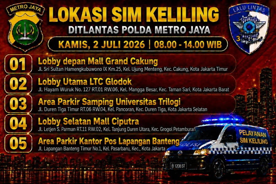 Catat! Layanan SIM Keliling Jakarta Selasa 2 Juli 2026 Tersedia di Lima Titik