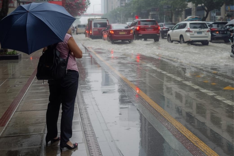 Ilustrasi hujan deras di jalan utama Jakarta (Foto: Tutur/ AI)