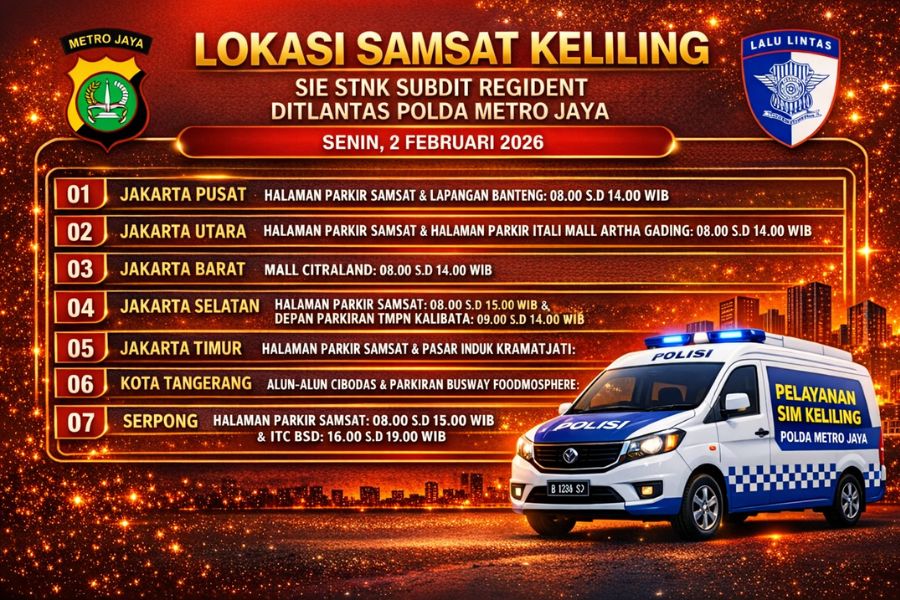 Informasi Samsat Keliling Polda Metro Jaya Senin, 2 Februari 2026 ( Foto: Tutur/AI)