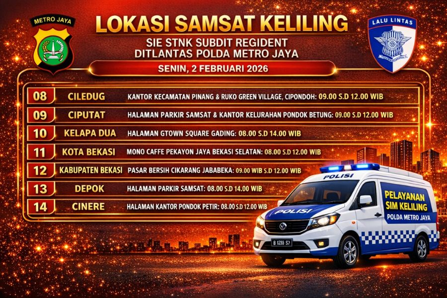 Informasi Samsat Keliling Polda Metro Jaya Senin, 2 Februari 2026 ( Foto: Tutur/AI)