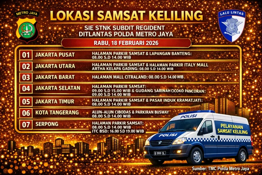 Informasi Samsat Keliling Polda Metro Jaya Rabu, 18 Februari 2026 ( Foto: Tutur/AI)