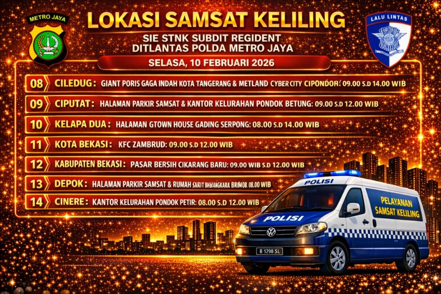Informasi Samsat Keliling Polda Metro Jaya Selasa, 10 Februari 2026 ( Foto: Tutur/AI)